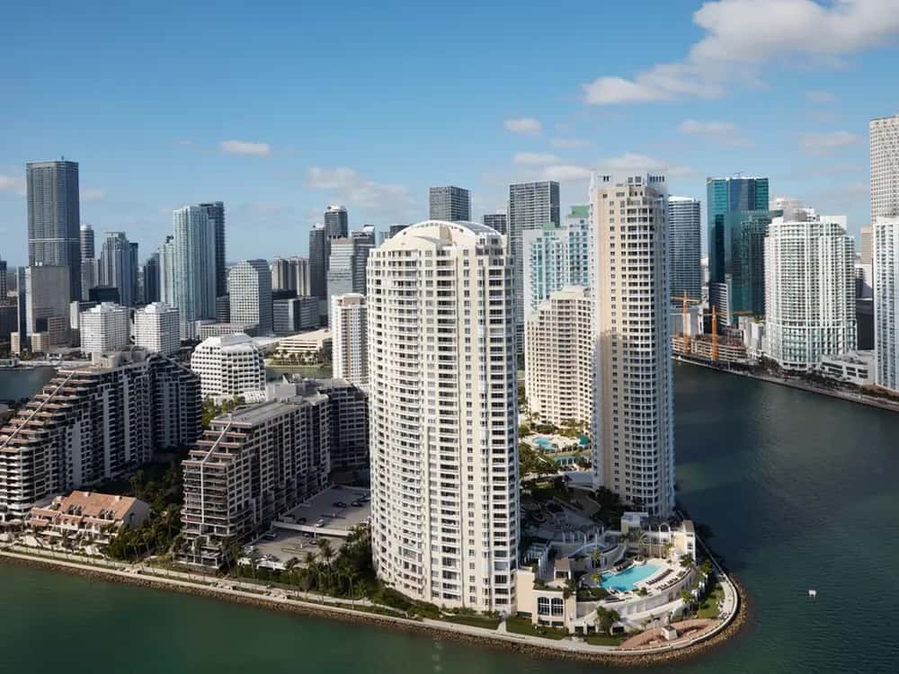 Aerial view of the Miami skyline and Biscayne Bay.